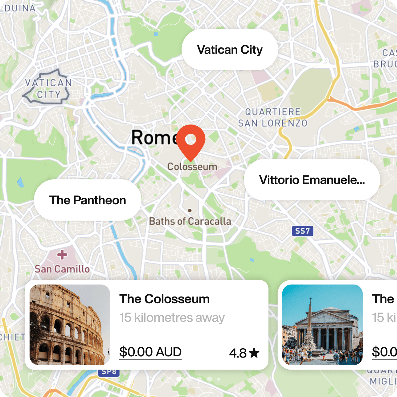 Interactive map showing tours in Rome